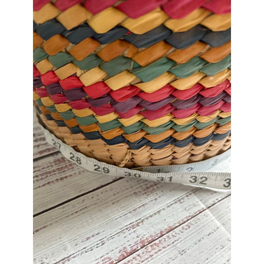VTG Woven Snake Charmer Basket Boho Multicolor Striped Braided Handle Storage